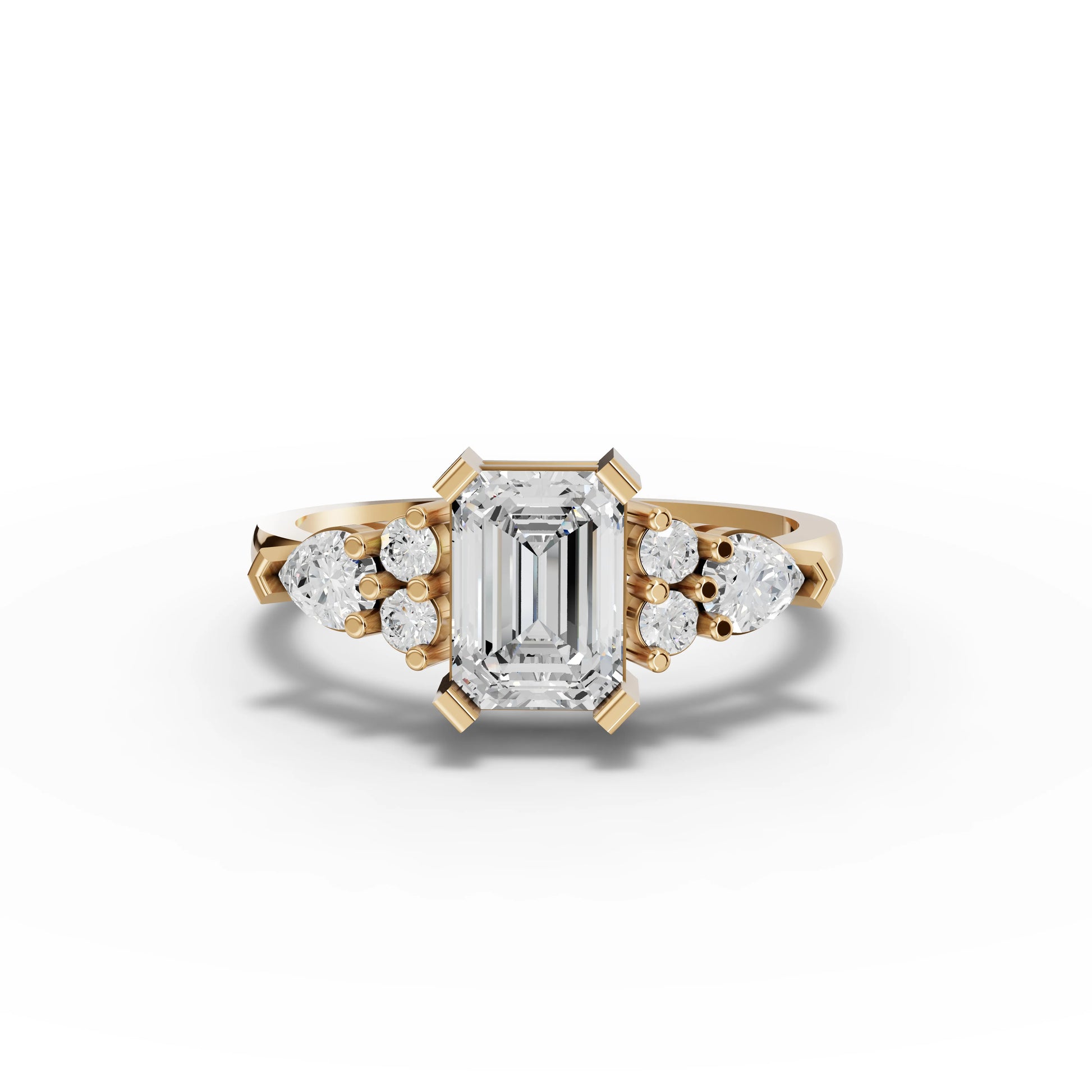 Emerald Moissanite Diamond Ring With Pear Cluster Accents