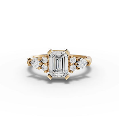 Emerald Moissanite Diamond Ring With Pear Cluster Accents