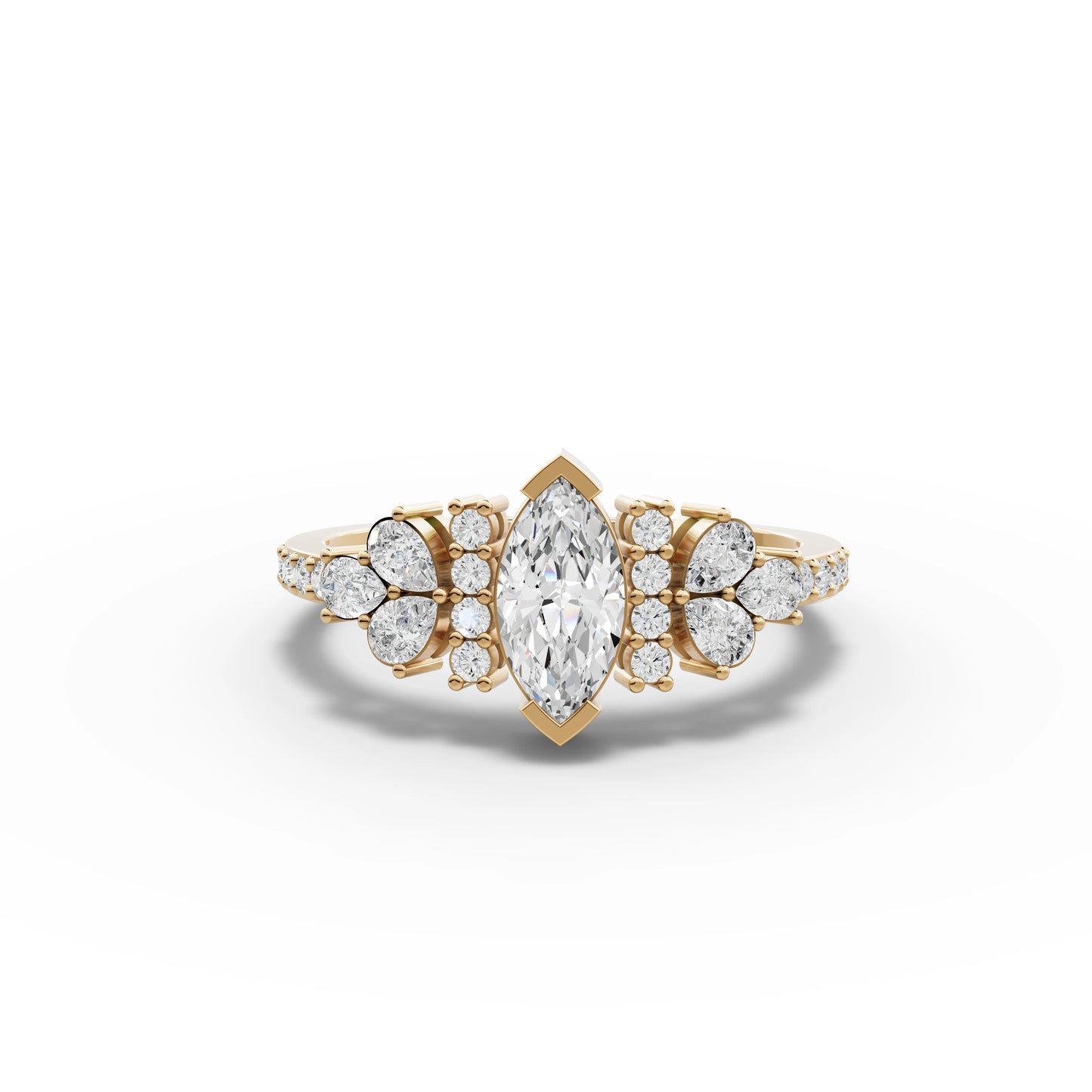 Marquise Floral Moissanite Diamond Ring With Pavé Band