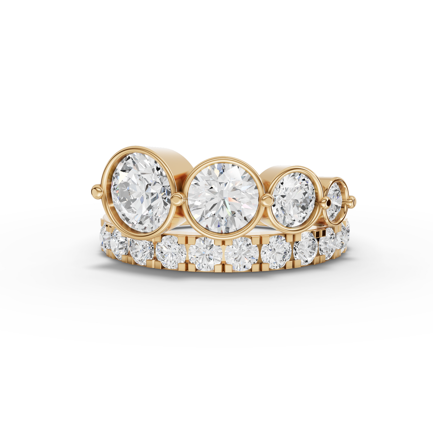 Graduated Bezel Moissanite Diamond Ring With Pavé Band