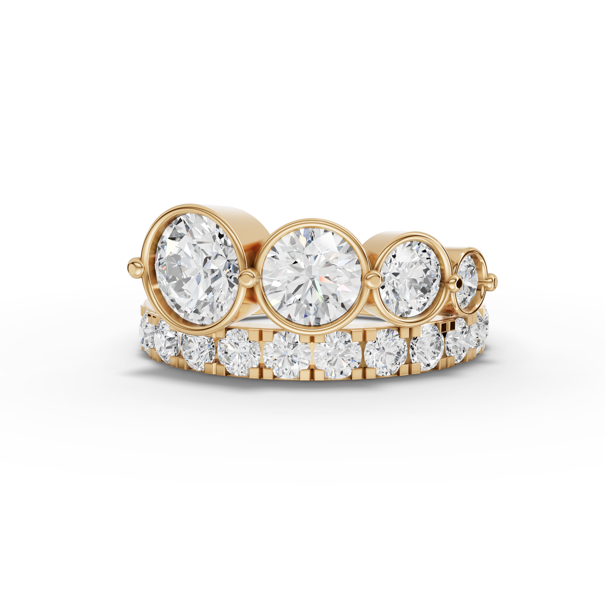 Graduated Bezel Moissanite Diamond Ring With Pavé Band