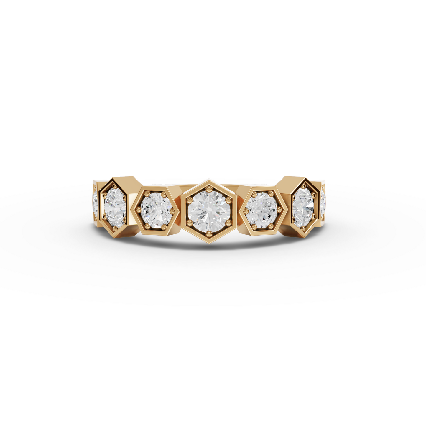 Round Hexagon-Set Geometric Moissanite Diamond Band Ring