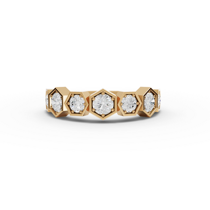 Round Hexagon-Set Geometric Moissanite Diamond Band Ring