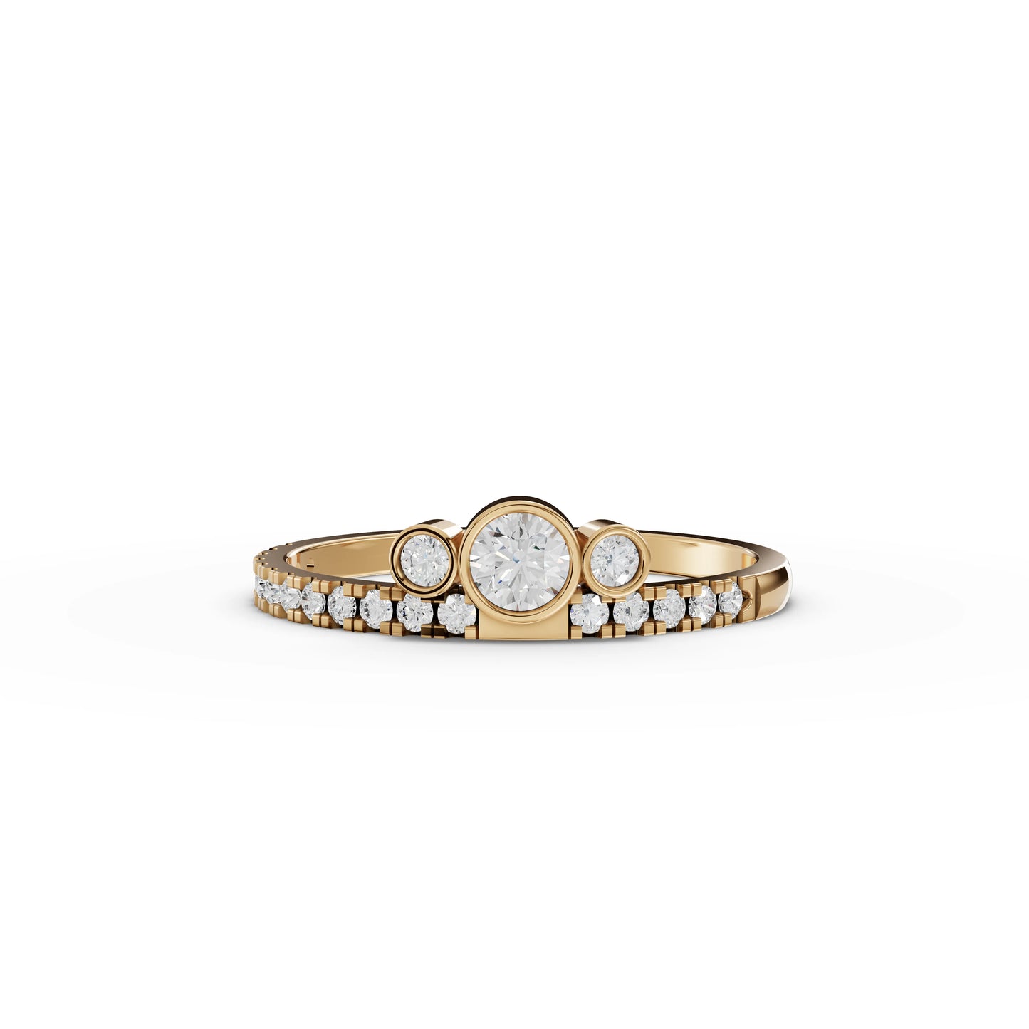 Bezel Three-Stone Moissanite Diamond Pavé Band Ring